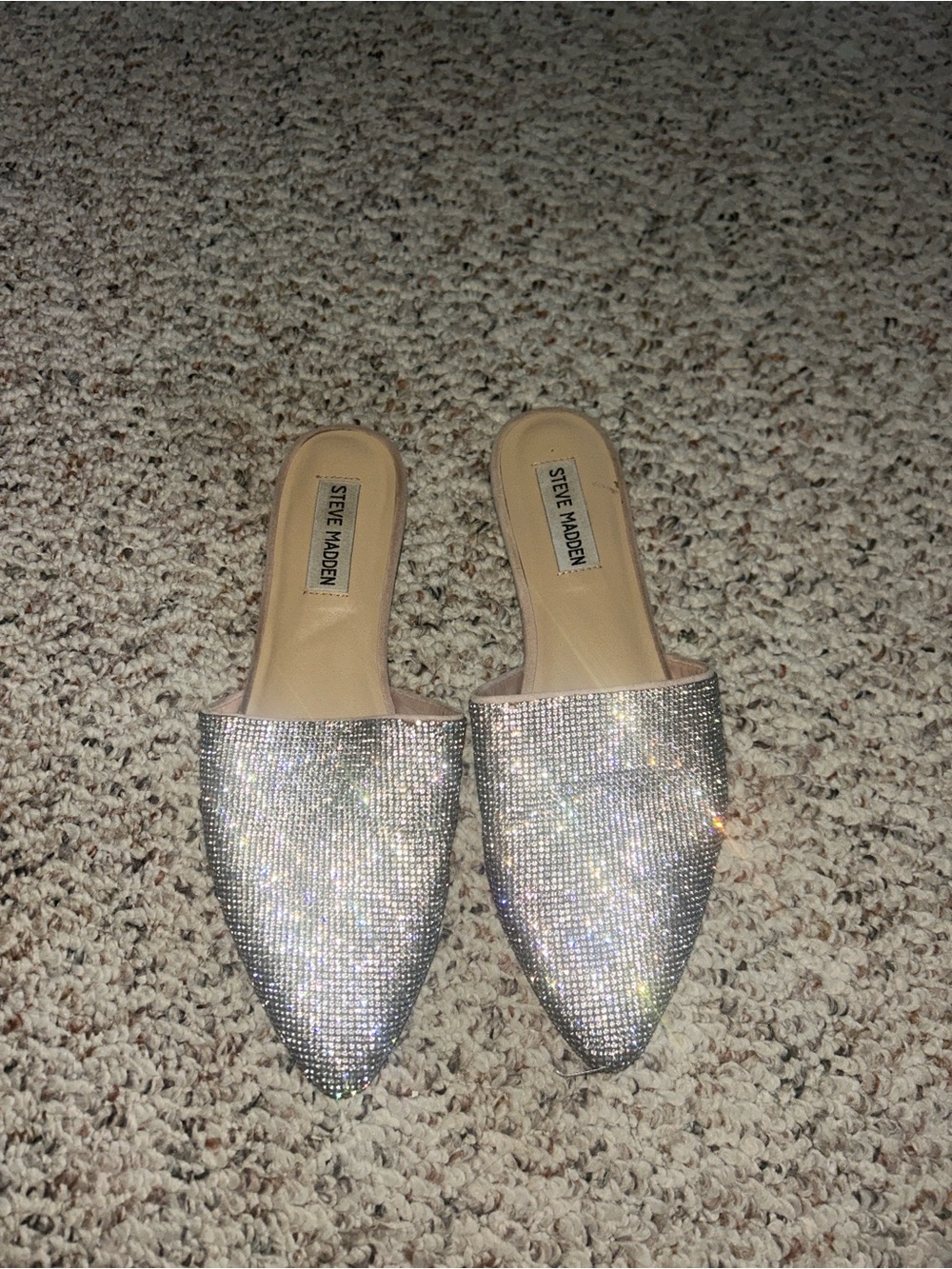 Steve Madden Crystal-Embellished Silver Pointed Mules